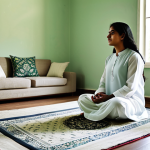 Serene Home Space**

"A calm and minimalist living room, decorated in soft, neutral tones. A person, fully clothed in modest Shalwar Kameez, is meditating peacefully on a prayer rug (Janamaz). Sunlight streams in through a window overlooking a green garden. Simple Urdu calligraphy art on the wall. Safe for work, appropriate content, family-friendly, perfect anatomy, natural pose, high quality."

**