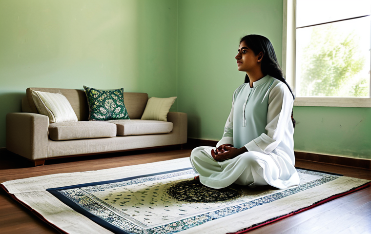 Serene Home Space**

"A calm and minimalist living room, decorated in soft, neutral tones. A person, fully clothed in modest Shalwar Kameez, is meditating peacefully on a prayer rug (Janamaz). Sunlight streams in through a window overlooking a green garden. Simple Urdu calligraphy art on the wall. Safe for work, appropriate content, family-friendly, perfect anatomy, natural pose, high quality."

**