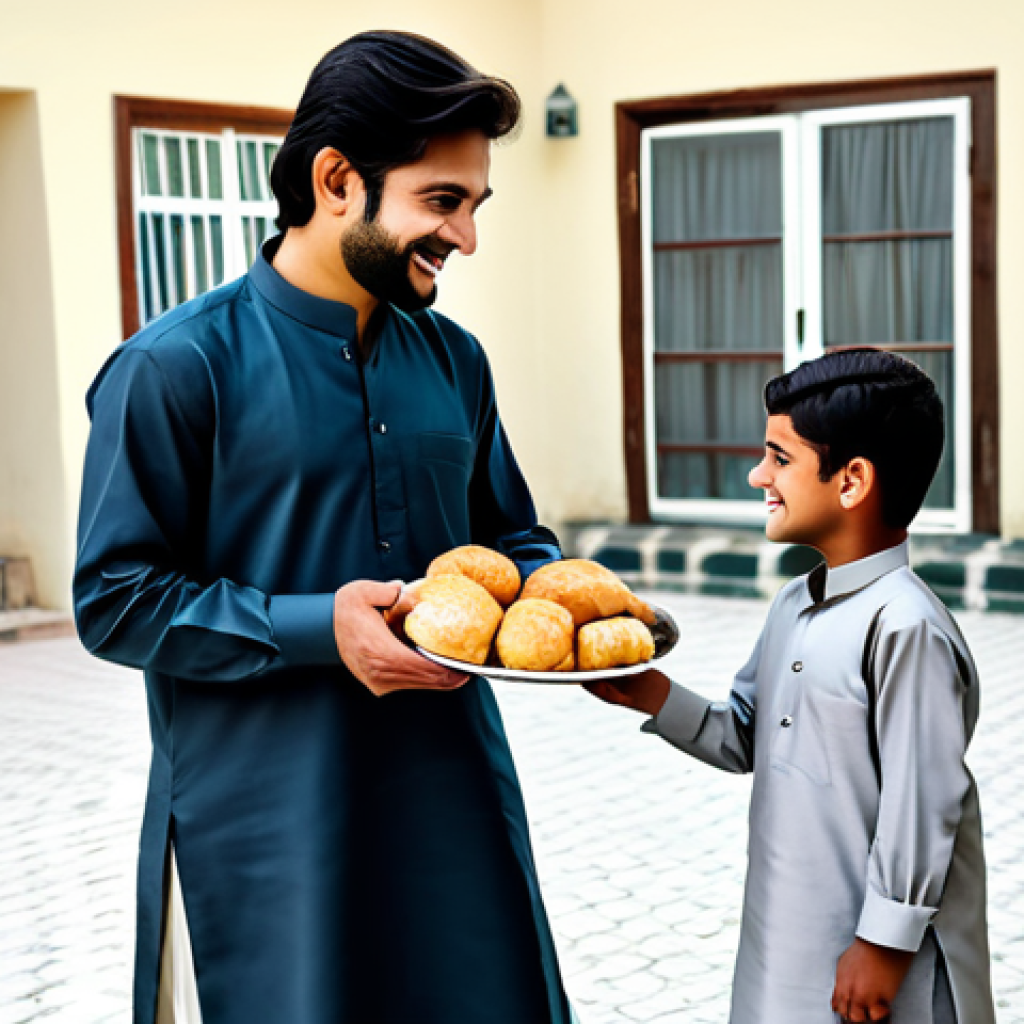 ** A smiling man, fully clothed in modest, traditional Pakistani clothing (shalwar kameez), is giving food to a child in need. The background shows a simple, clean home environment.  Focus on kindness and generosity. Safe for work, appropriate content, family-friendly, perfect anatomy, natural pose, high quality.

**