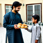 ** A smiling man, fully clothed in modest, traditional Pakistani clothing (shalwar kameez), is giving food to a child in need. The background shows a simple, clean home environment.  Focus on kindness and generosity. Safe for work, appropriate content, family-friendly, perfect anatomy, natural pose, high quality.

**