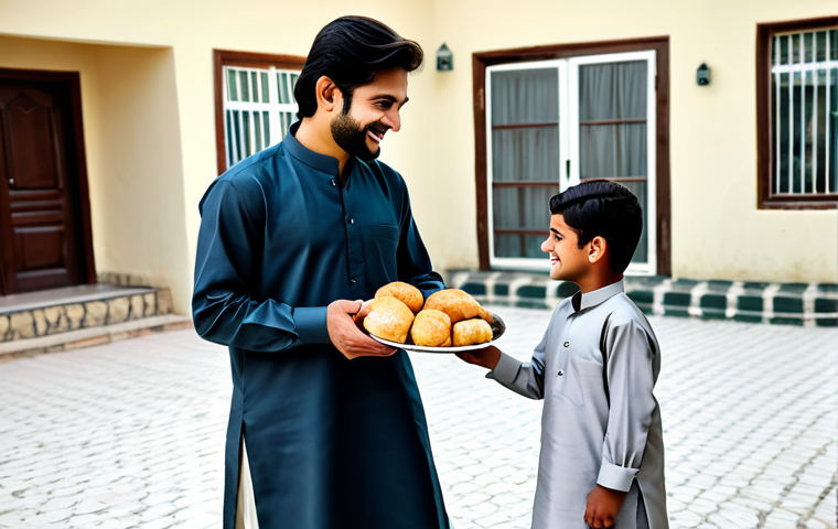 ** A smiling man, fully clothed in modest, traditional Pakistani clothing (shalwar kameez), is giving food to a child in need. The background shows a simple, clean home environment.  Focus on kindness and generosity. Safe for work, appropriate content, family-friendly, perfect anatomy, natural pose, high quality.

**