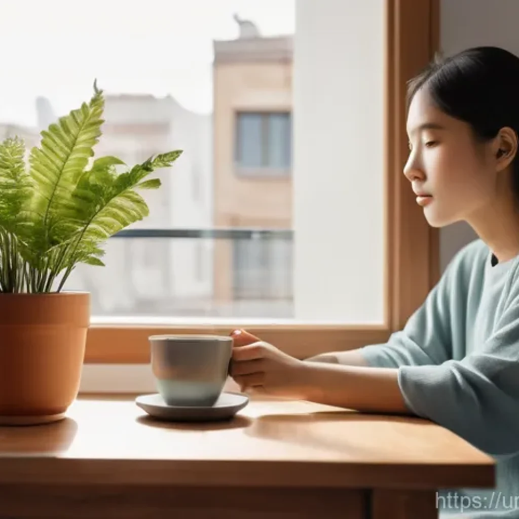 단순함의 철학을 통한 긍정적 변화 - **Prompt:** "A serene, sunlit minimalist apartment living room, where a young woman in comfortable, ...
