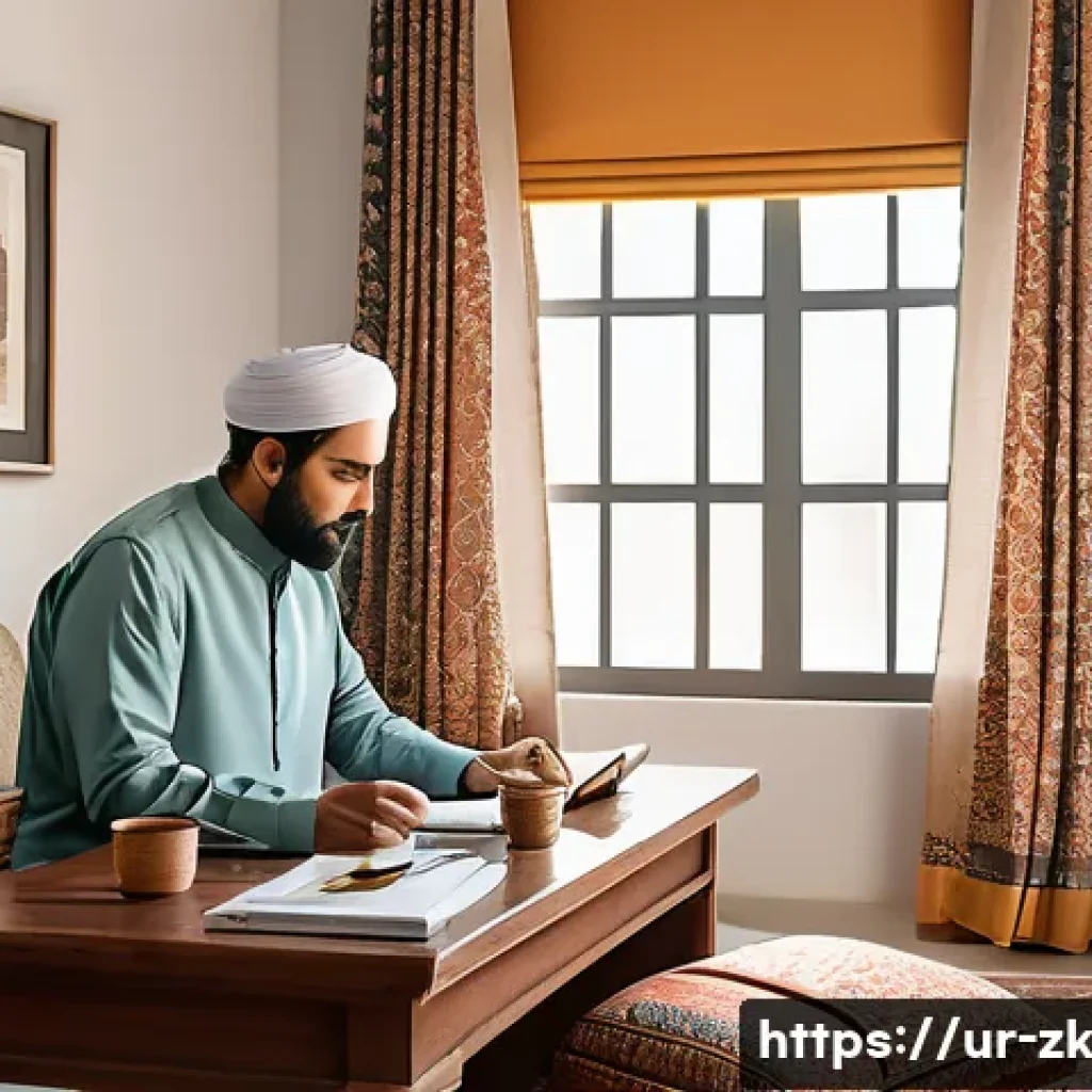 단순함의 철학을 통한 자아 존중감 향상 - A serene and minimalist home office scene in a traditional Pakistani setting, featuring a middle-age...