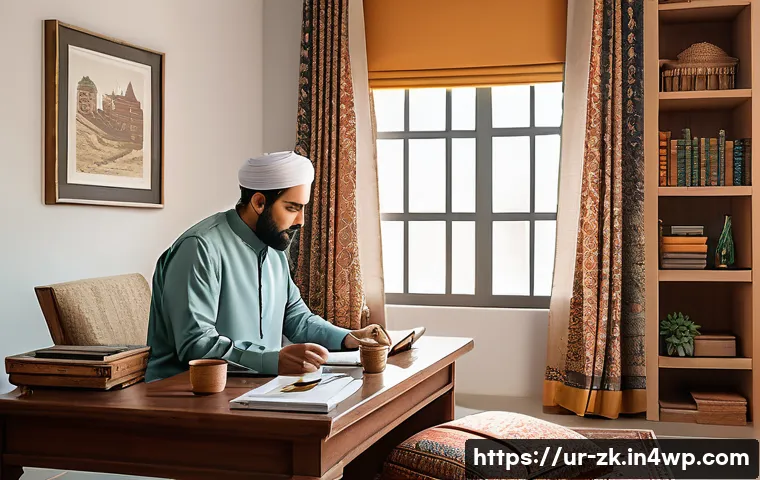 단순함의 철학을 통한 자아 존중감 향상 - A serene and minimalist home office scene in a traditional Pakistani setting, featuring a middle-age...