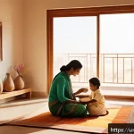 Home 19 단순함의 철학이 심리적 안정에 미치는 역할 - A serene South Asian family scene in a modest, sunlit home featuring a middle-aged couple and a youn...