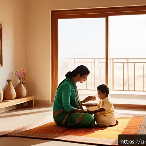 Home 31 단순함의 철학이 심리적 안정에 미치는 역할 - A serene South Asian family scene in a modest, sunlit home featuring a middle-aged couple and a youn...