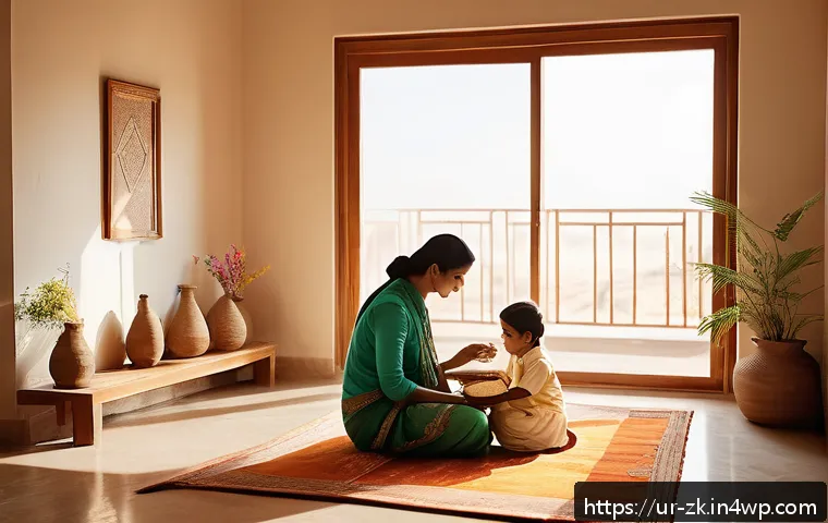 단순함의 철학이 심리적 안정에 미치는 역할 - A serene South Asian family scene in a modest, sunlit home featuring a middle-aged couple and a youn...