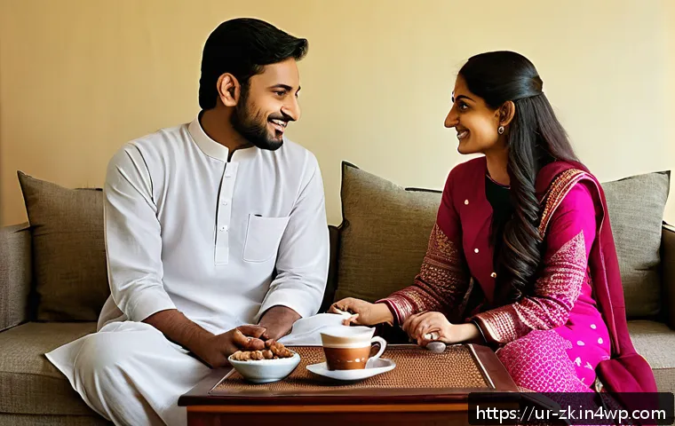 단순함의 철학을 통한 관계의 재정립 - A warm and intimate scene of a South Asian couple sitting together in a cozy living room, engaging i...